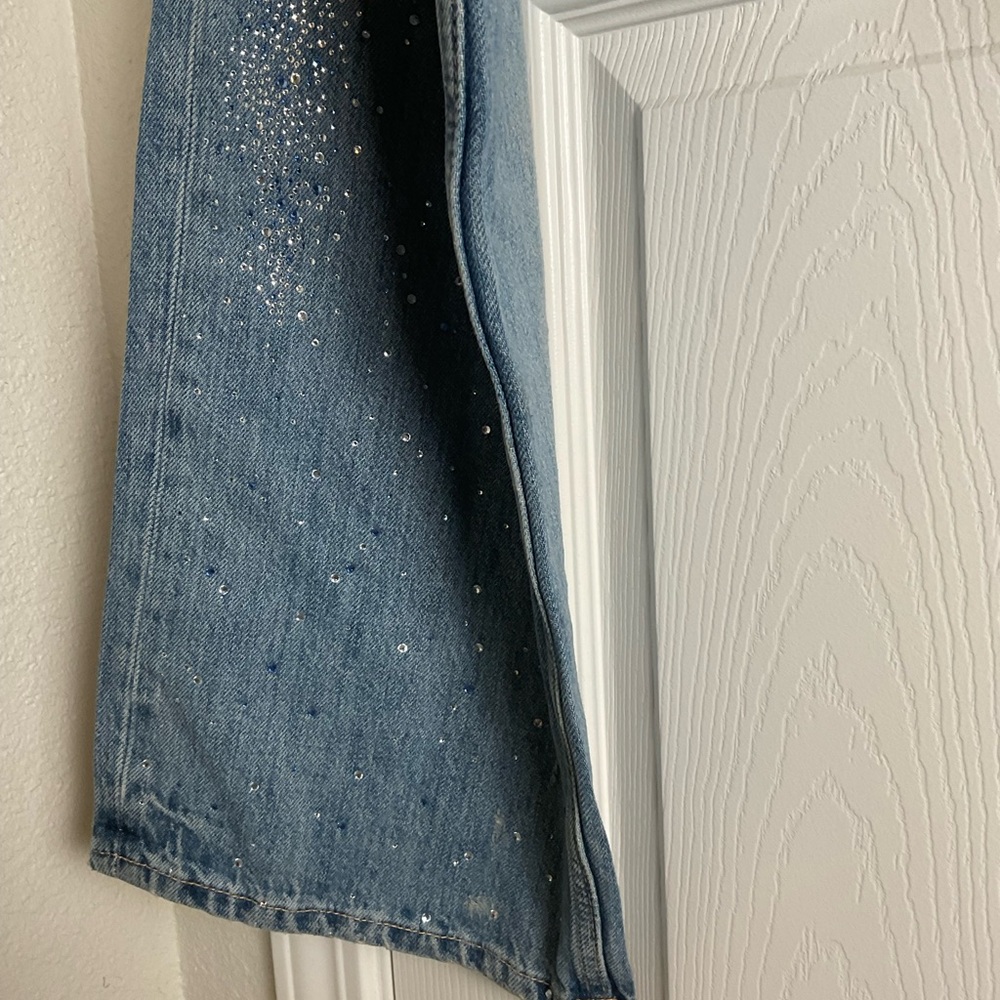 ZARA TRF ripped wide leg rhinestone Jeans Light Wash Distressed - Size US 14 - Picture 8 of 12
